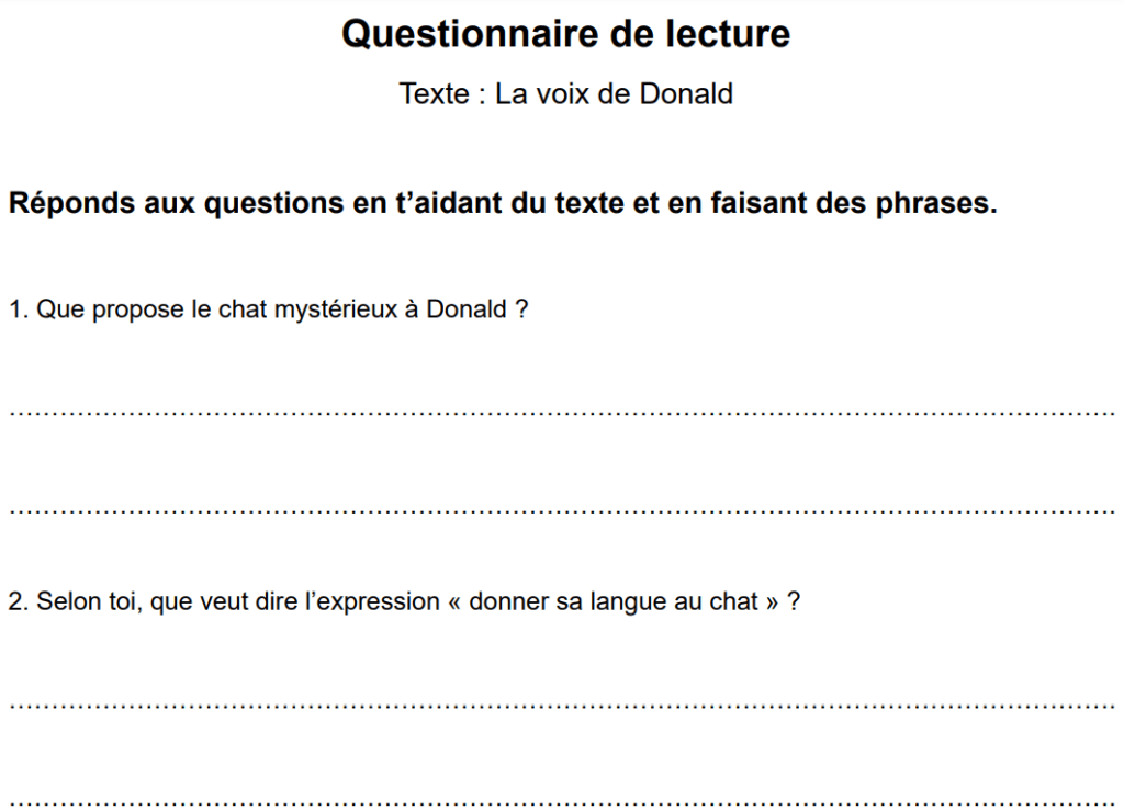 questionnaire texte compréhension à la lecture CM1 CM2 textes + questions Lecteur Lectheure Cycle 3