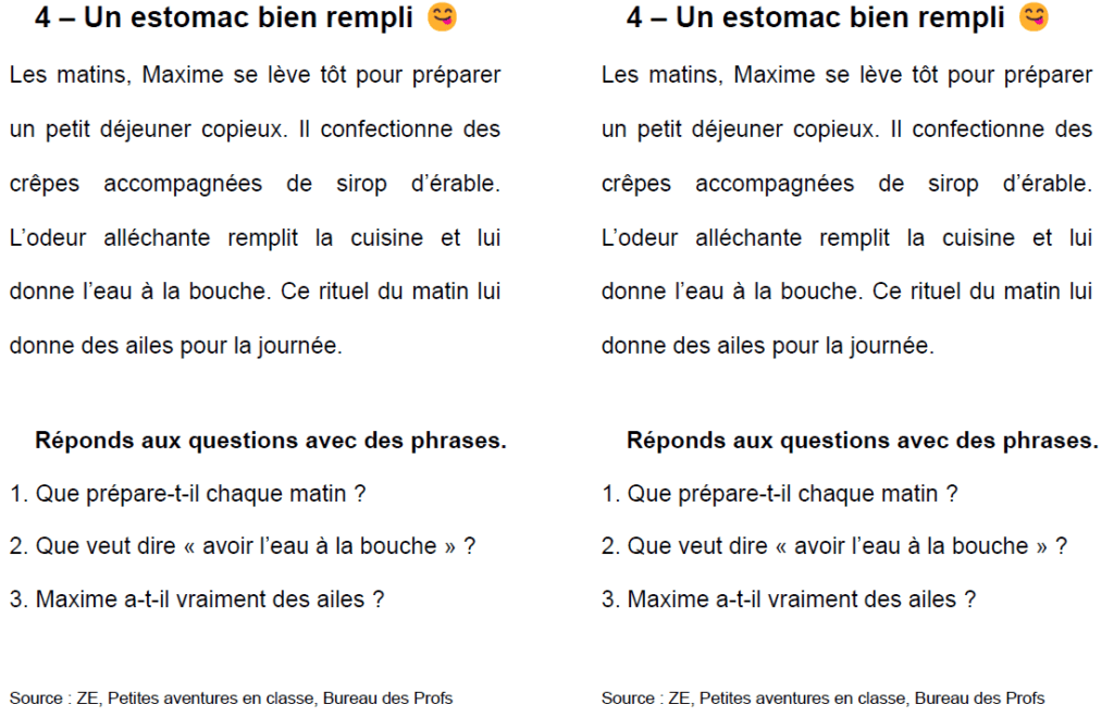 textes courts lecture CE1 CE2 nourriture comprehension petites aventures en classe