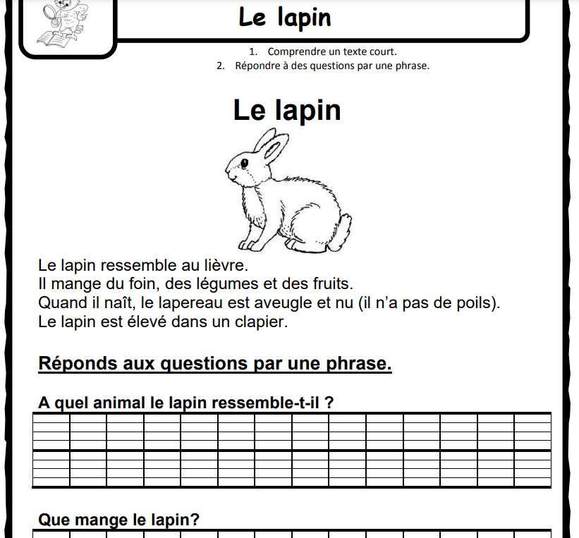 texte lapin animaux lecture CE1 CE2 questions