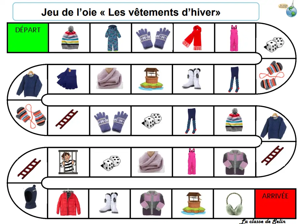 jeu de l'oie hiver ce1 ce2 vocabulaire saison vetements sports mots