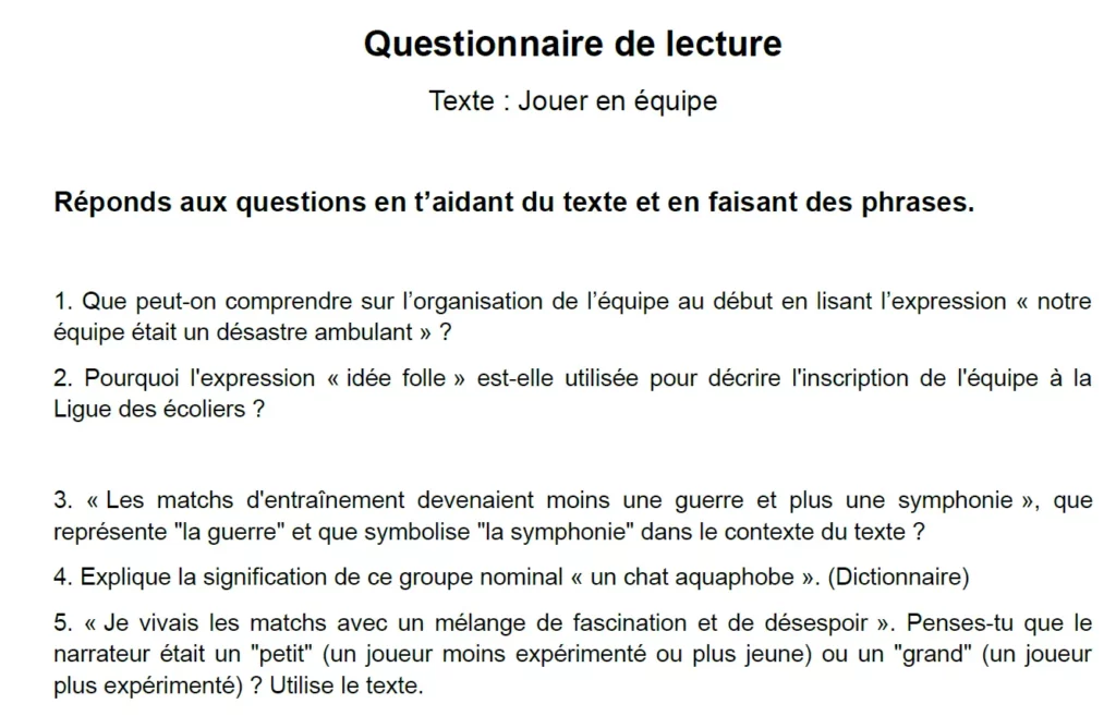 sports questions comprehension a la lecture cm1 cm2