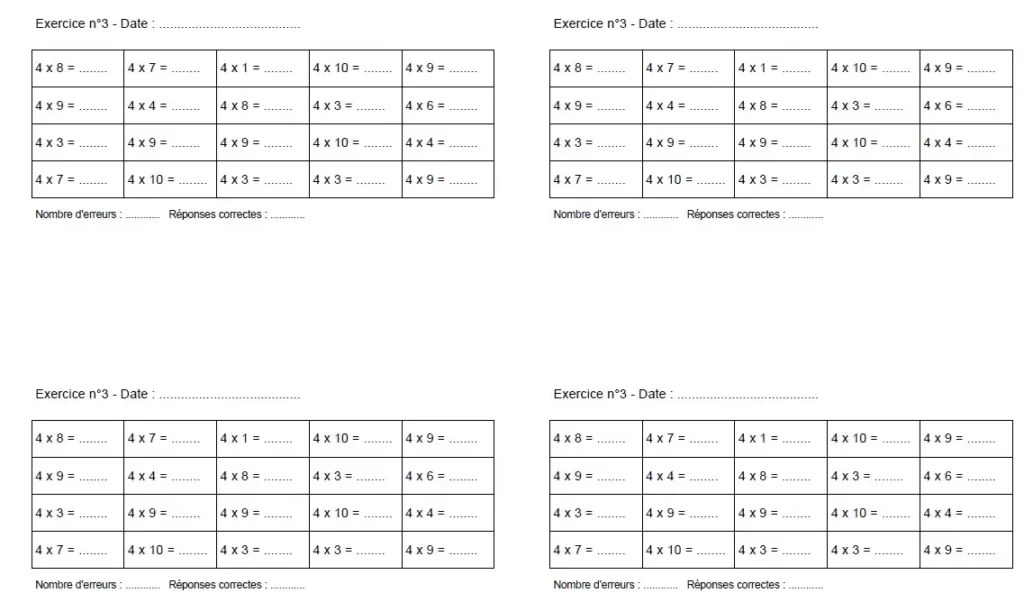 table de 4 exercice CE1 CE2 tables de multiplication