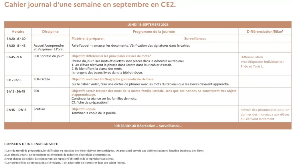cahier journal professeur des ecoles exemple