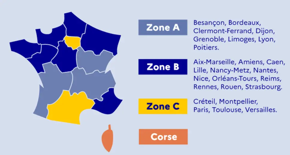 Imprimer le calendrier des vacances scolaires 2025-2026 PDF 2 carte regions vacances scolaires zones academiques