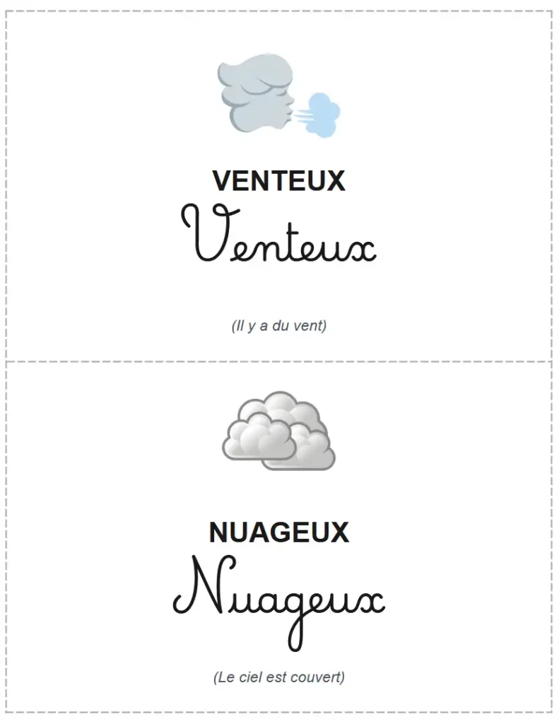 Flashcards météo du jour à imprimer  plastifier (en français) maternelle  cycle 2  ulis  allophones
