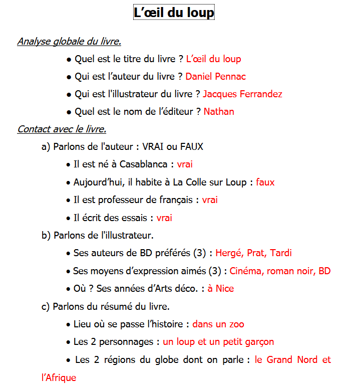 corrigés oeil du loup cm1 cm2 lecture questionnaire