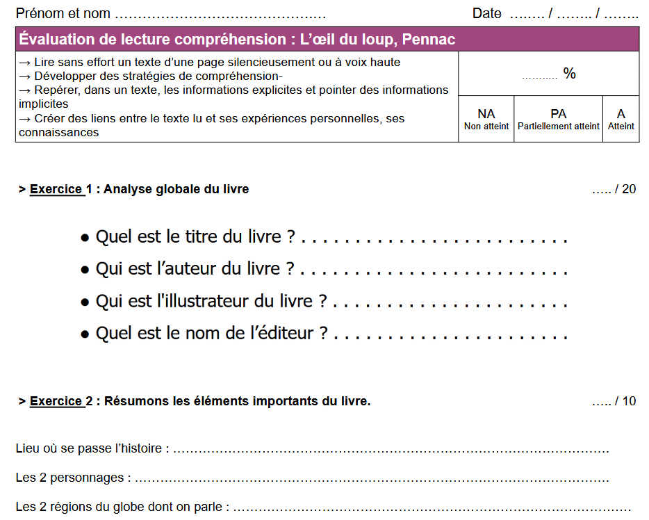 L’oeil du loup en lecture compréhension, questionnaires et évaluation à imprimer CM1 CM2